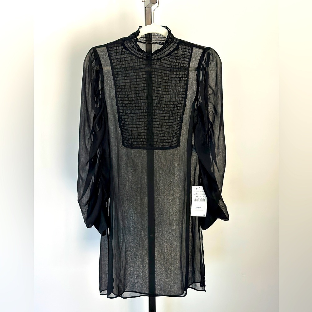 Zara mesh‎ high neck blouse with side slits, new with tags XS